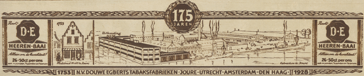 717167 Advertentie met tekeningetjes van de eerste winkel (1753) en het huidige fabriekscomplex te Joure, voor Douwe ...